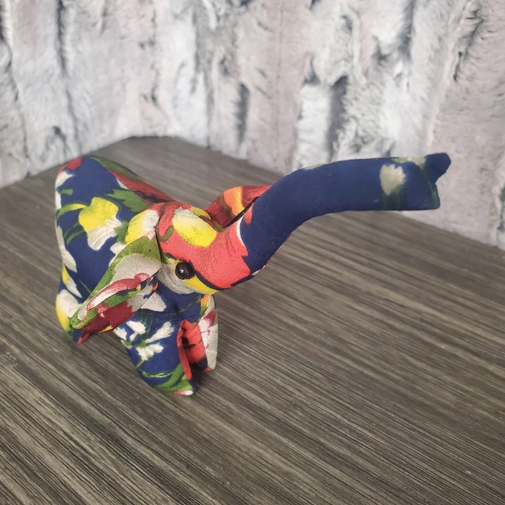 Navy Blue Floral Sand Stuffed Lucky Elephant - Trunk Up 6
